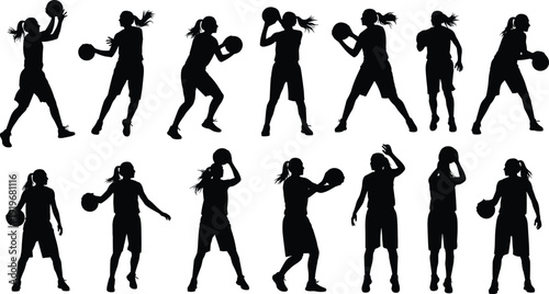 Basketball Player Silhouette Collection Women Athlete Dribbling and Shooting Poses Black Vector Illustration Isolated on White Background for Sports Design