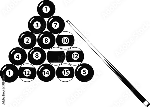 Billiard balls arranged in triangle rack with cue stick black silhouette vector illustration isolated on white background for sports design