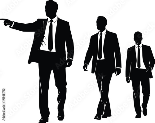 Businessmen silhouettes walking and pointing vector illustration black and white corporate team figures isolated on white background for leadership concept