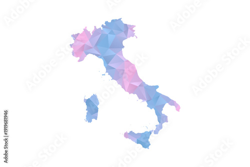 Italy Map - Polygon Style Vector Illustration in Pastel Blue and Pink Gradient, Low Poly Geometric Design, Isolated on White Background for Infographics and Education.