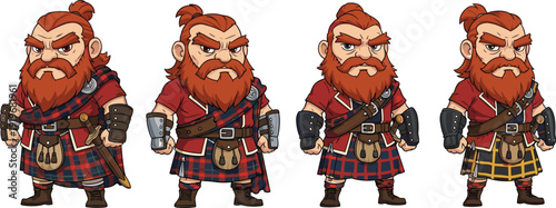 Cartoon Scottish warrior character set with red beard kilt outfit medieval fighter illustration strong male hero isolated on white background vector design