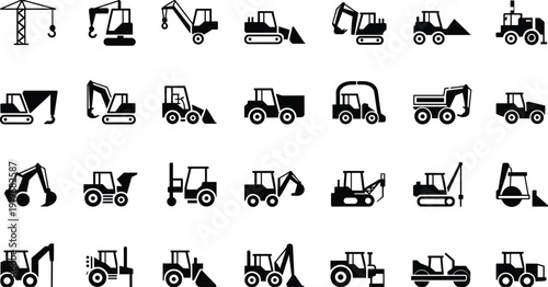 Collection of construction and heavy machinery vehicle in black silhouette on a white background representing industrial and transportation equipment