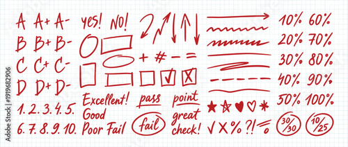 Professional red teacher grading and marking set with handwritten grades percentages feedback words and correction symbols on grid paper background