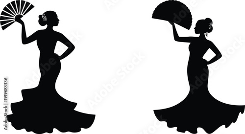Silhouettes of two flamenco dancers in dresses holding fans, showcasing traditional Spanish dance poses