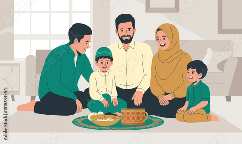 Happy Muslim family of five, including parents and three children, sitting on a rug in a modern living room, sharing a meal together in a flat vector illustration