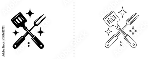 Crossed Grill Tools Icon Vector Set, BBQ Spatula and Fork Cooking Utensils Symbol for Barbecue, Outdoor Party and Restaurant Concept, Modern Flat Filled and Outline Design Isolated on White Background