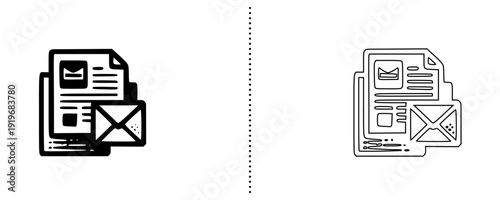 Documents with Envelope Icon Vector Set, Business Mail and Office Paperwork Symbol for Corporate Communication and File Management Design, Modern Flat Silhouette Isolated on White Background, Editable