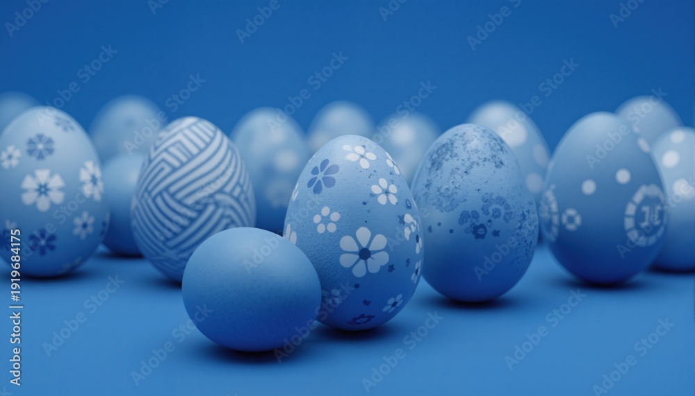 Fototapeta premium Easter Eggs with different textures in classic blue on a seamless blue background. Selective focus on foreground. 