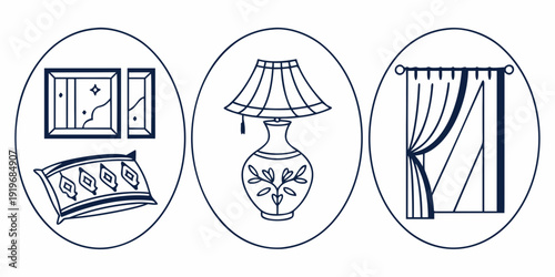 A collection of various home decor items including a lamp, curtains, and wall art.