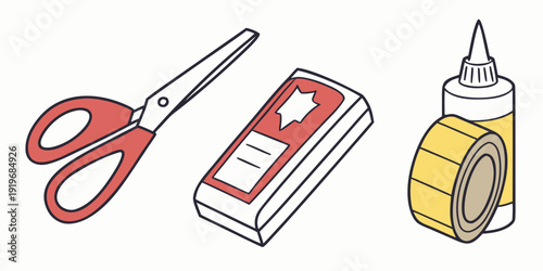 A set of essential office supplies including scissors, a stapler, and tape.