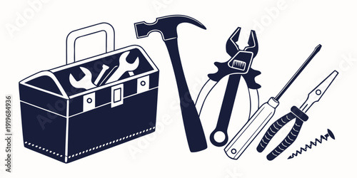 A collection of tools including a toolbox, hammer, pliers, and more.