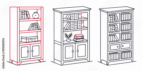 Three distinct bookcases showcasing various designs and storage options