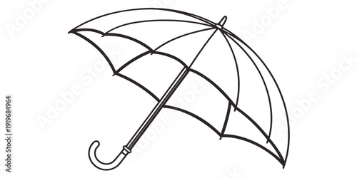 A black and white illustration of an open umbrella with a curved handle.
