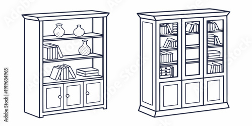Two distinct wooden bookcases with unique designs and storage options