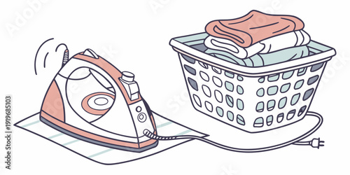 A hot iron and a basket of clothes ready for ironing on a table.