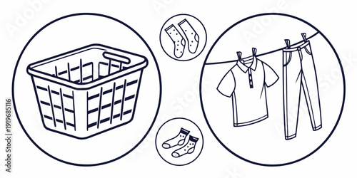 Laundry basket, clothes, and detergent pods on a washing line