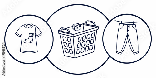 Illustration of laundry items including a t-shirt, laundry basket, and pants.