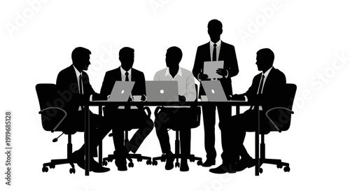 Professional Business Meeting Silhouettes: Team Collaboration, Strategy & Presentation