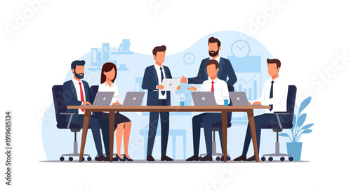 Professional Business Team Meeting and Collaboration. Colleagues Working with Laptops, Discussing Strategy in Modern Office.