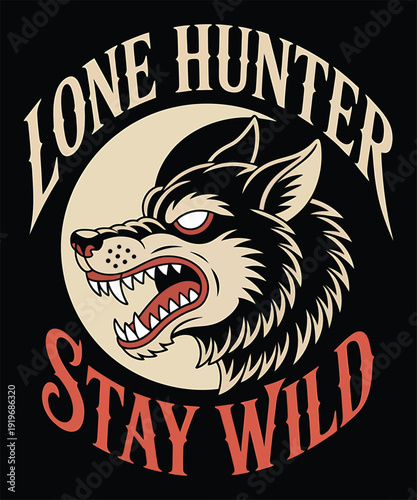 Wolf head logo with lone hunter text