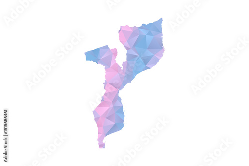 Mozambique Map - Polygon Style Vector Illustration in Pastel Blue and Pink Gradient, Low Poly Geometric Design, Isolated on White Background for Infographics and Education.