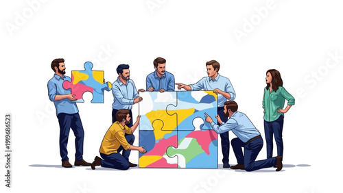 Diverse group of people assembling puzzle.