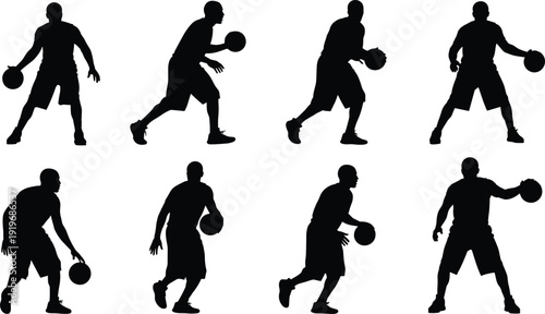 Basketball player silhouettes set with dribbling and movement poses, street and professional sport action concept, athletic training motion, black vector illustration