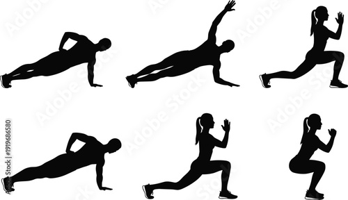 Fitness exercise silhouettes set with plank, lunge and squat poses, strength training and workout routine concept, athletic body movement, black and white vector illustration