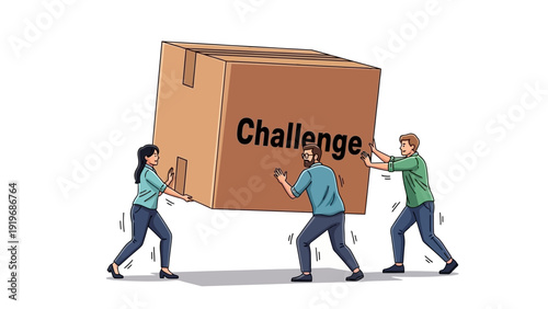 Business Teamwork: People Pushing a Massive "Challenge" Box. Collaboration, Effort, and Overcoming Corporate Adversity.