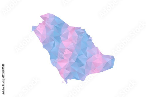 Saudi Arabia Map - Polygon Style Vector Illustration in Pastel Blue and Pink Gradient, Low Poly Geometric Design, Isolated on White Background for Infographics and Education.