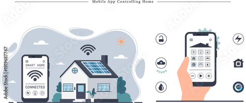 Premium Mobile App Controlling Home Illustration Solar Energy Management and Remote Smart Home Control Flat Vector