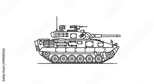 Modern Military Tank Blueprint Line Art - Side View