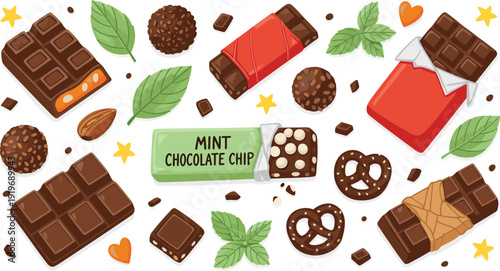 Mint chocolate chip confection illustration set. Assorted bars, truffles and pretzels with modern flat design. Decorative sweets isolated on white border with dark gray background.