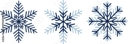 Vector illustration of decorative snowflakes in blue tones, winter frost crystal shapes collection isolated on white background for seasonal design use