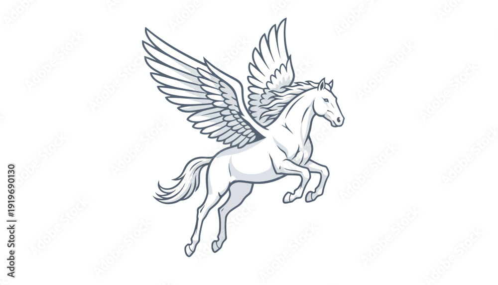 Fototapeta premium Majestic White Pegasus Horse Flying with Spread Wings, Mythical Creature Illustration