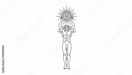 Man holding sun, abstract, celestial, divine, powerful, spiritual, mythological, ancient, god, symbol