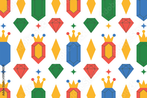 Colorful pattern features geometric jewels and royal crowns on a white.