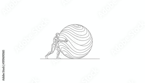 Man Pushing Giant Sphere Uphill, Symbolizing Effort, Struggle, and Overcoming Challenges