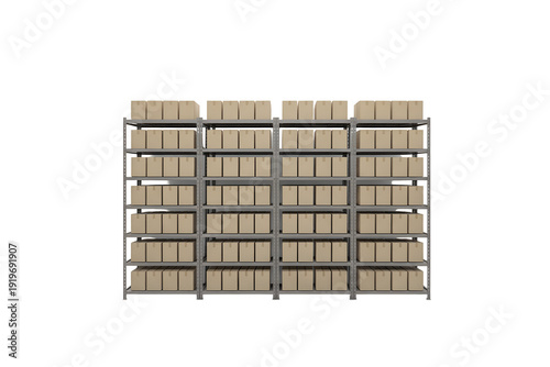 Warehouse shelving units filled with cardboard boxes