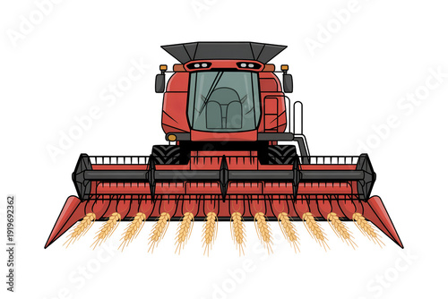 Red combine harvester harvesting wheat crop efficiently