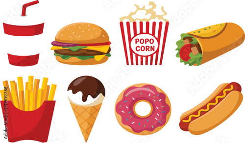 Fast Food Icon Set with Burger, Fries, Soda, Donut and Snacks – Flat Vector Collection