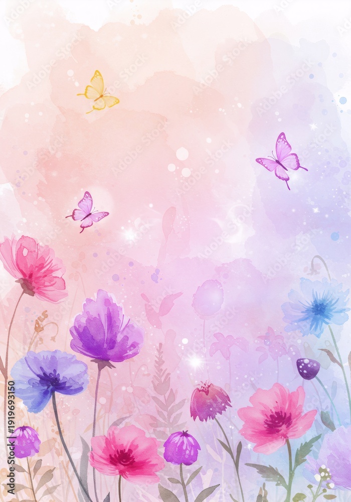 Obraz premium Watercolor flowers and butterflies on a pastel background. Spring and Easter vibrant garden concept for greeting card and seasonal decor.