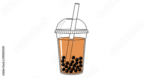 Hand-drawn illustration of bubble tea with tapioca pearls and straw in a clear plastic cup.