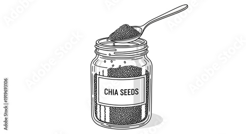 Hand-drawn illustration of chia seeds in a jar with a spoon, healthy food concept