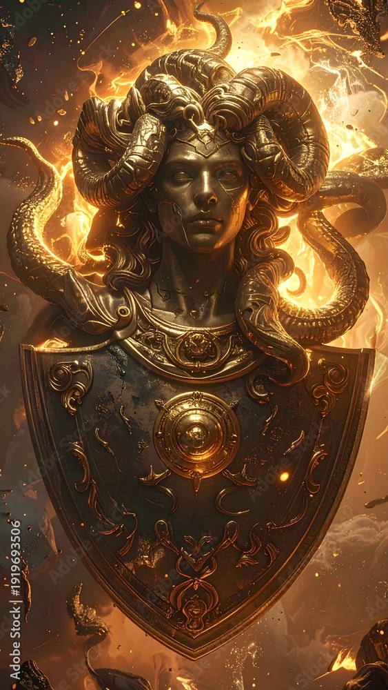 Obraz premium The Aegis Shield rematerialized in the form of liquid gold.
