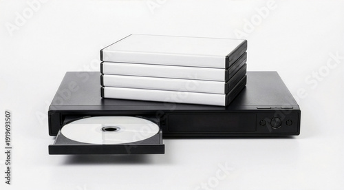 black DVD player with disc and stack of DVD cases