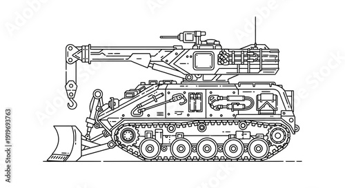 Futuristic Military Crane Vehicle with Bulldozer Blade - Line Art