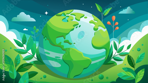 A vibrant depiction of a healthy planet surrounded by lush greenery and nature elements