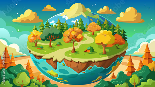 Whimsical fantasy island floating amidst vibrant clouds and ocean waves.