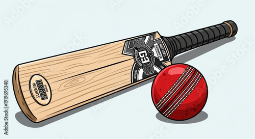 Cricket Bat and Red Cricket Ball Vector Illustration Isolated on Light Background